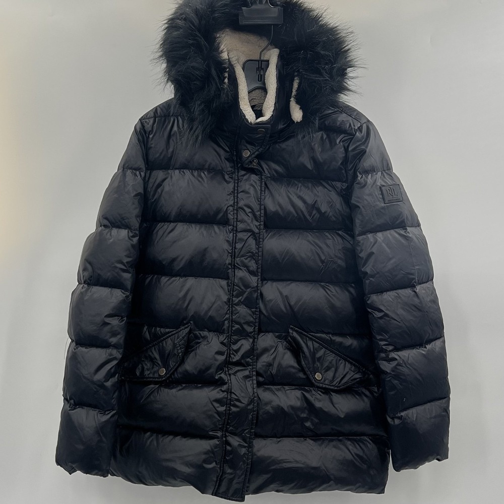 LAUREN Ralph Lauren Womens Puffer Coat Faux Fur Hood Down Fill Medium *FLAW